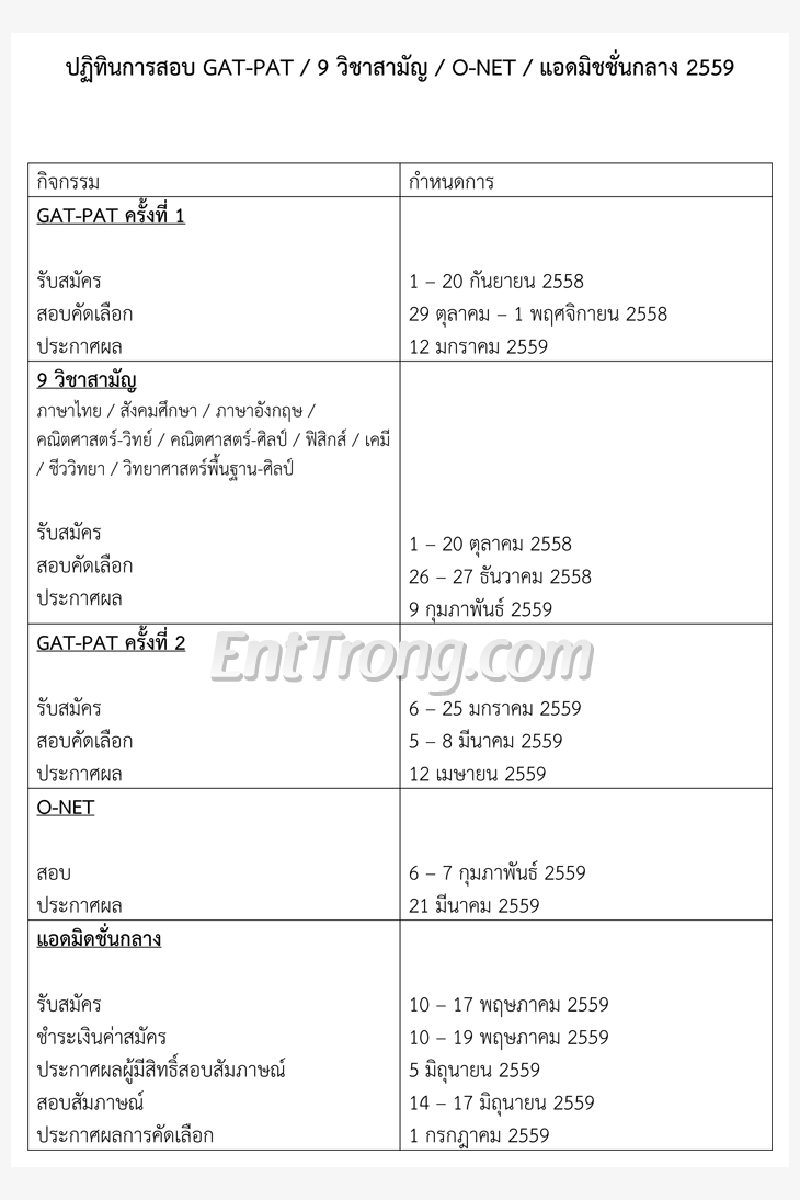 ปฏิทิน59 GAT-PAT / 9 วิชาสามัญ / O-NET / Admission 2559