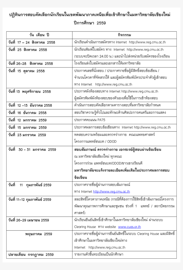 ปฏิทินรับตรง59 โครงการหลัก 4 โครงการ ม.เชียงใหม่ 2559
