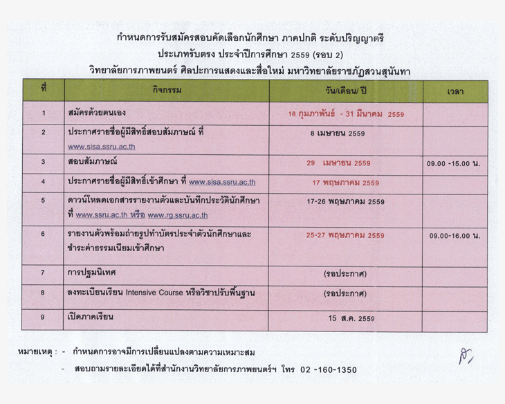 รับตรง59 วิทยาลัยการภาพยนตร์ฯ ราชภัฏสวนสุนันทา 2559 (รอบ 2)