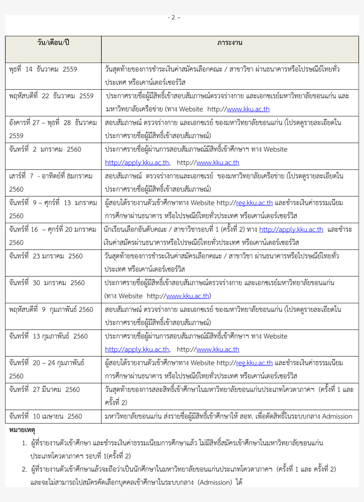 ปฏิทินรับตรง60 โควตาภาคอีสาน ม.ขอนแก่น 2560