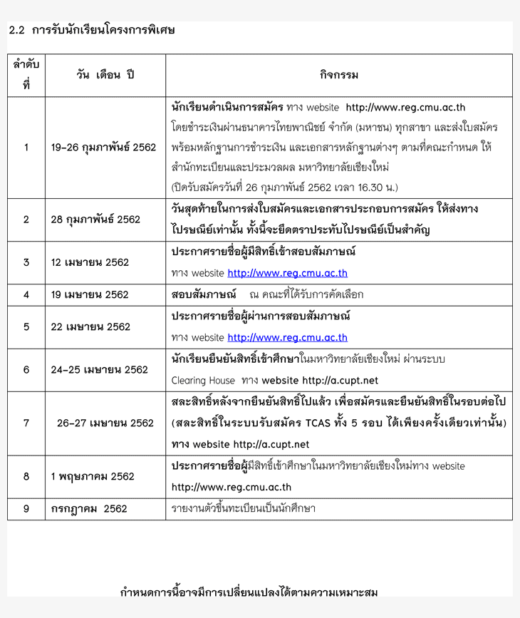 ปฏิทินรับตรงTCAS62 มหาวิทยาลัยเชียงใหม่ 2562